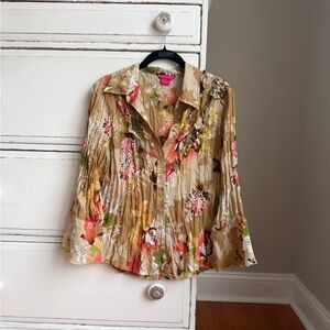 Vintage y2k 90s 2000s Sunny Leigh Crinkle Button Up Blouse Floral Top